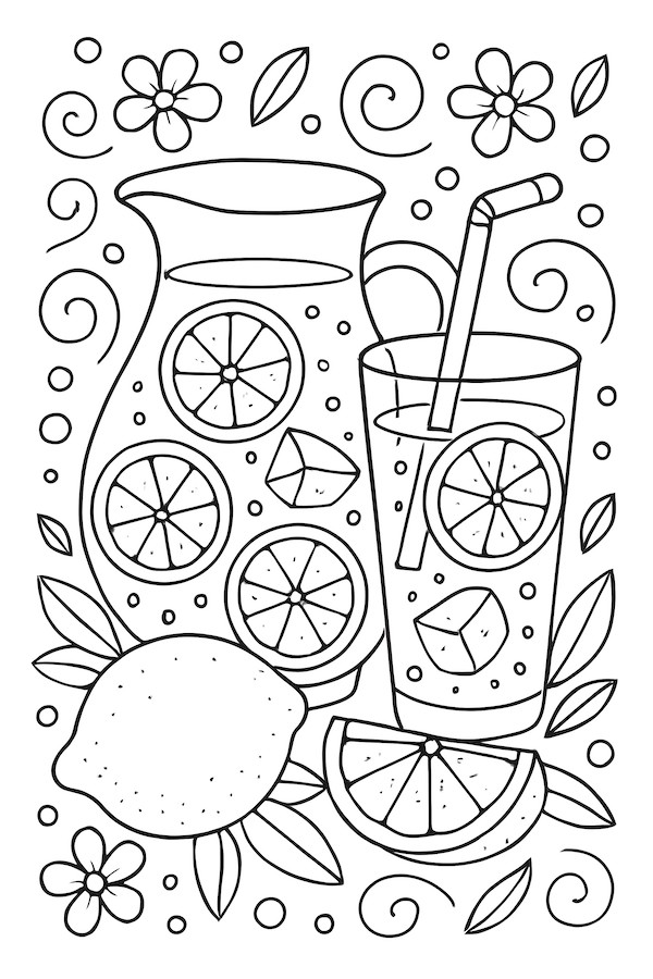 Coloring page featuring a pitcher of lemonade, a glass with ice and a straw, slices of lemon, and decorative flowers