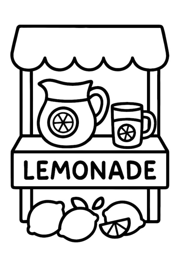 Coloring page of a lemonade stand featuring a pitcher, glass, and lemons underneath the sign 'LEMONADE'