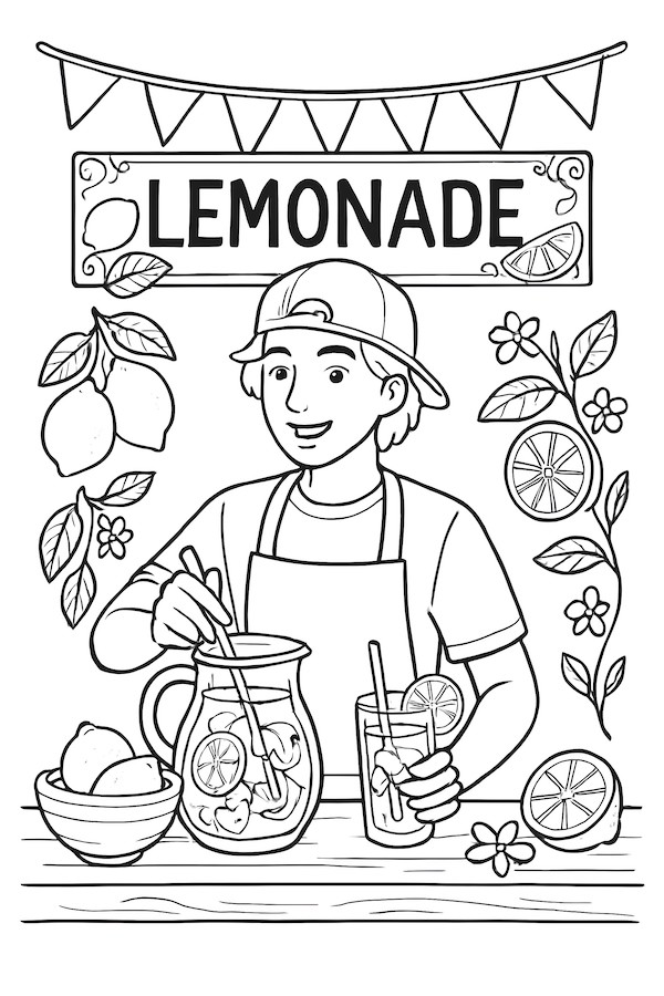 Coloring page of a lemonade vendor mixing drinks with lemons and decorative elements around