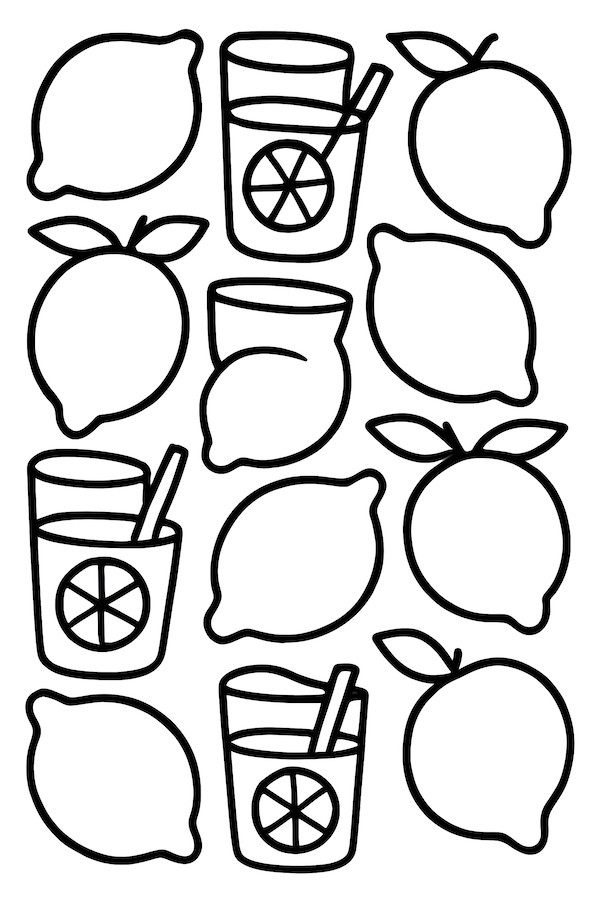Coloring page of a grid pattern featuring lemons and lemonade glasses with straws and citrus slices