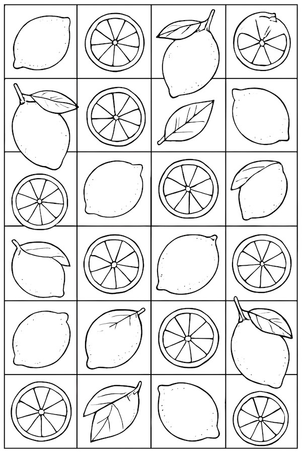 Coloring page featuring a checkerboard pattern of whole and sliced lemons with leaves