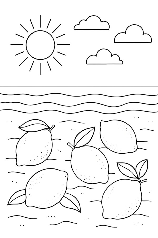 Coloring page featuring lemons scattered on sandy beach with a sun and clouds in the background