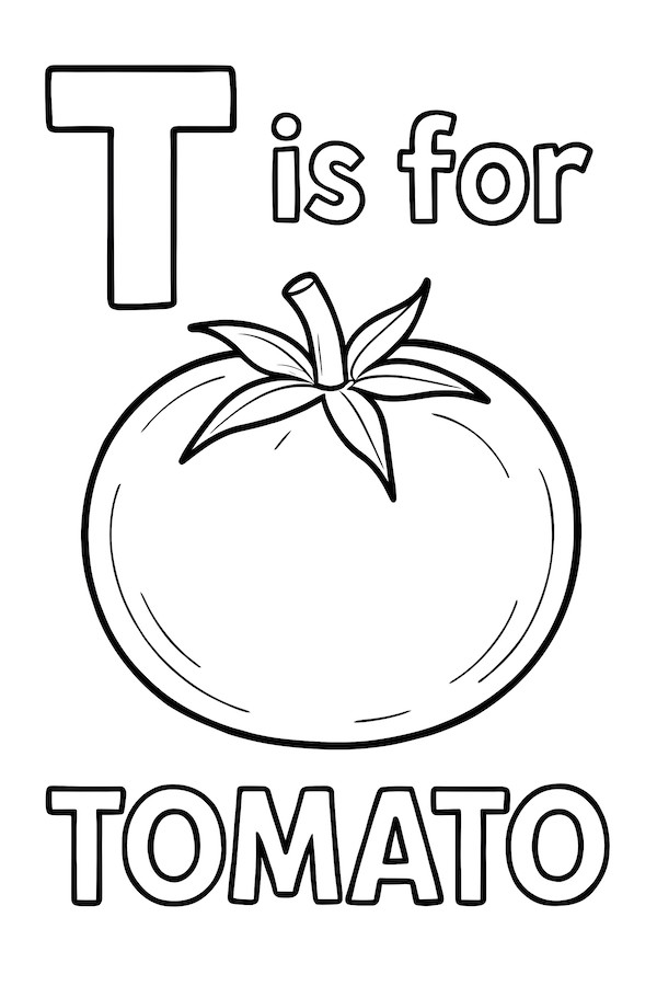 Coloring page featuring the letter T, the words 'is for', and a large tomato with a green stem