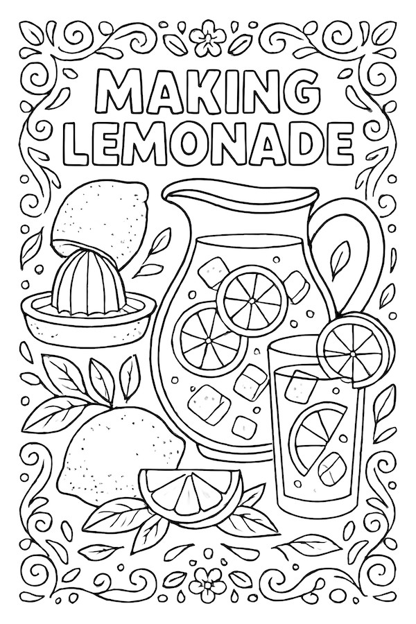 Coloring page of a pitcher of lemonade, lemon slices, and a glass with citrus decorations