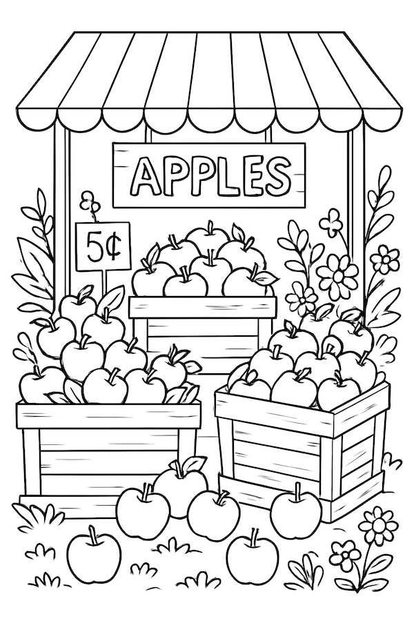Coloring page of a market stall filled with fresh apples in wooden crates, surrounded by flowers and a sign stating 'APPLES'