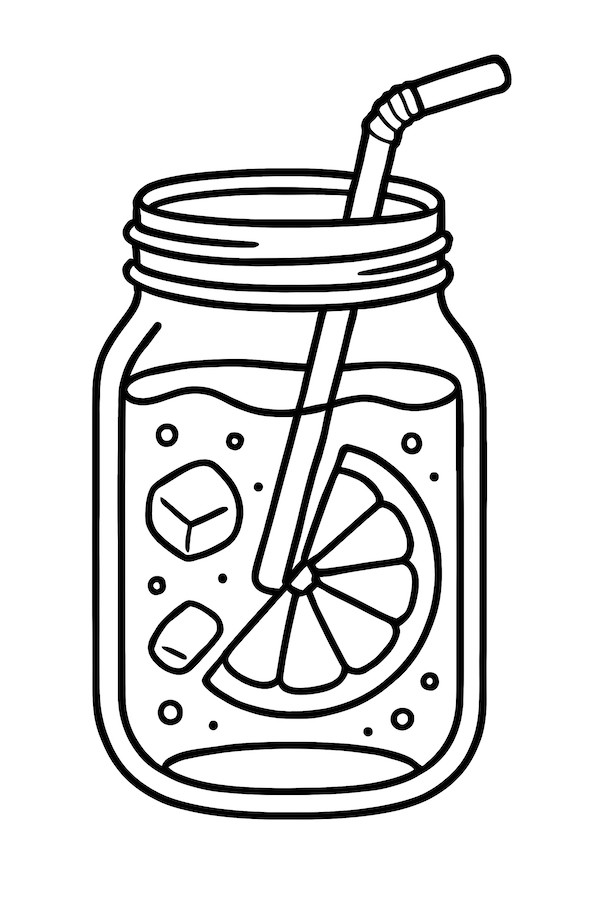 Coloring page of a mason jar filled with lemonade, ice cubes, a lemon slice, and a straw
