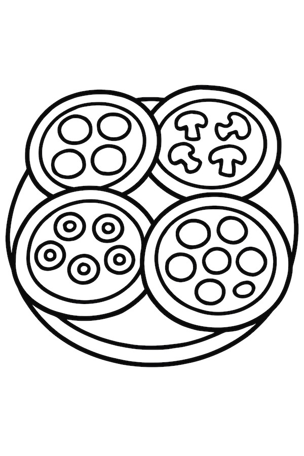 Coloring page featuring an assortment of mini pizzas with various toppings on a circular platter