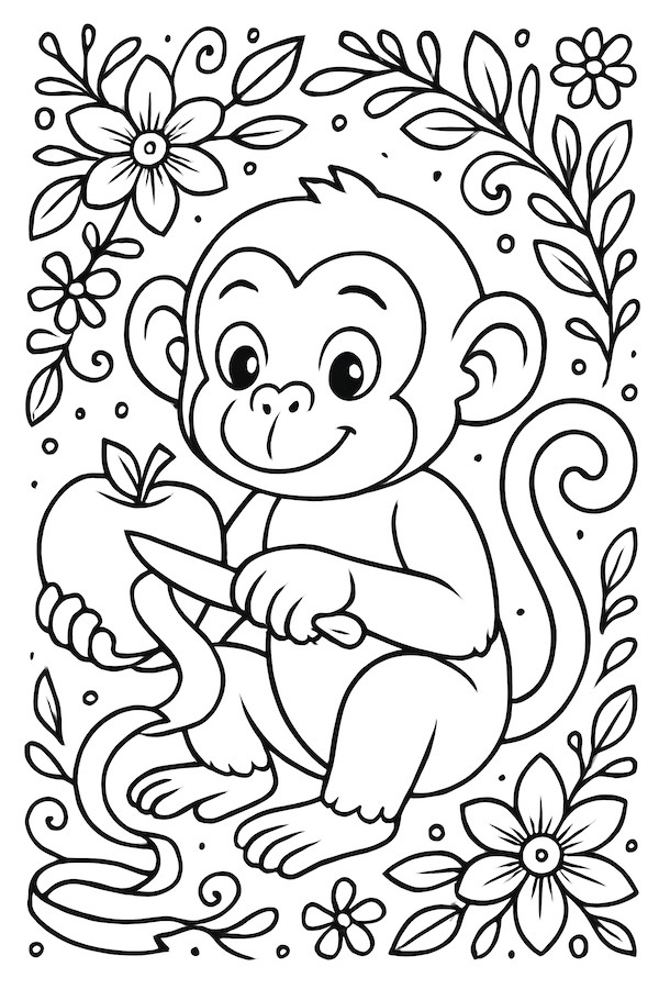 Monkey holding a knife peeling an apple, surrounded by flowers and leaves
