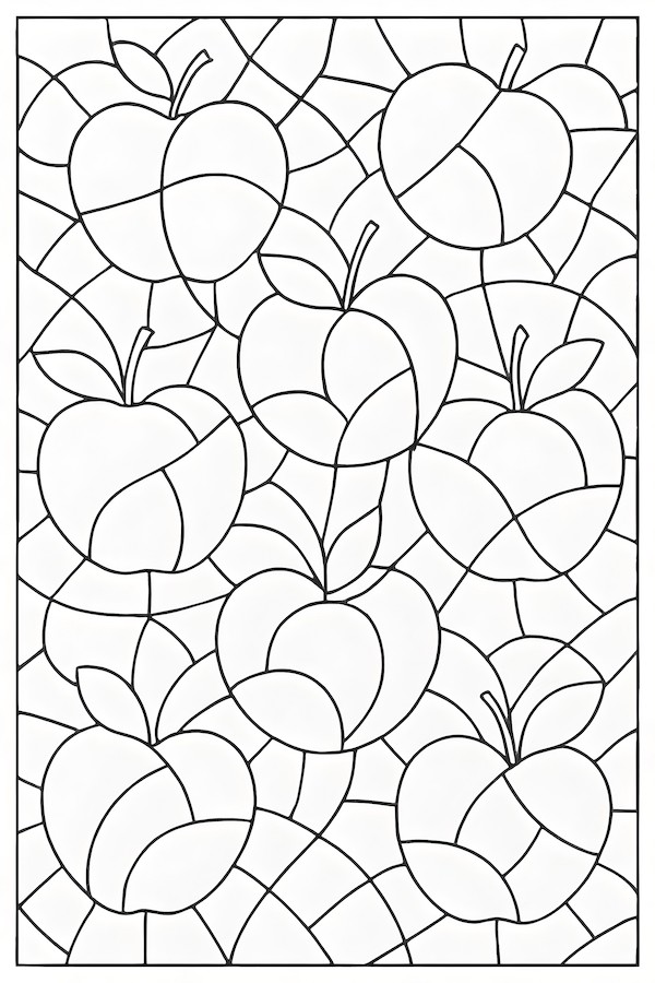 Coloring page featuring abstract apple shapes arranged in a mosaic pattern with interlocking lines