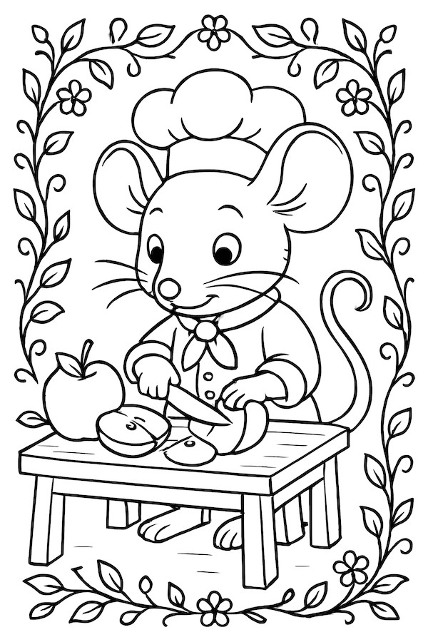 Coloring page of a mouse chef wearing a hat slicing apples on a small table surrounded by floral decorations