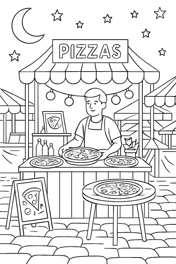 Coloring page of a night street food market stall selling pizzas with a vendor and tables displaying various pizzas