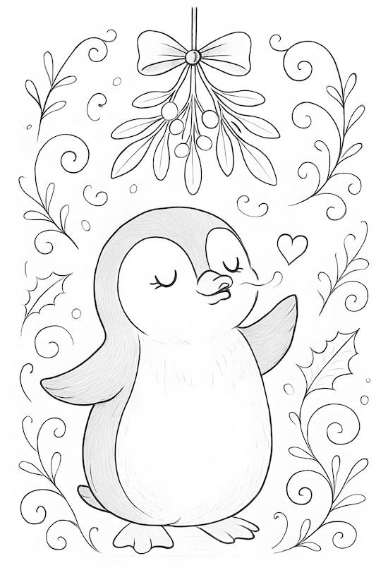 Coloring page of a penguin blowing a kiss with mistletoe above and decorative swirls and holly leaves