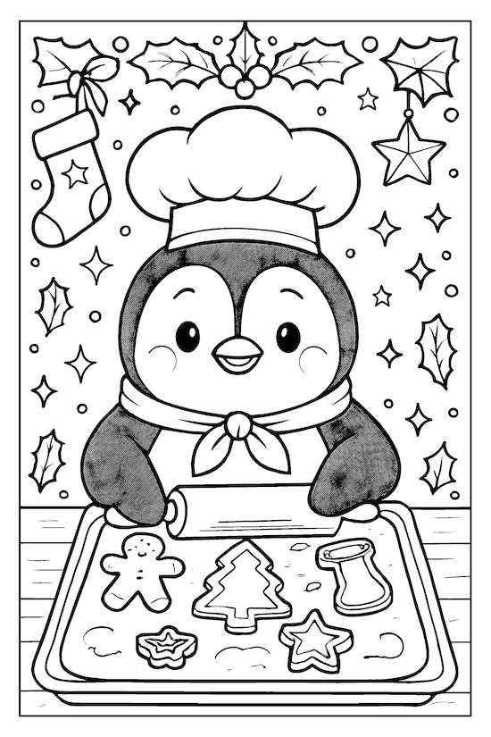 Penguin chef wearing a hat and scarf, baking Christmas cookies shaped like stars and gingerbread on a tray with cookie cutters
