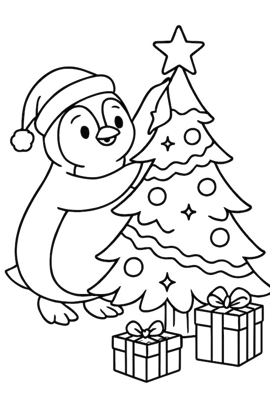 Coloring page of a penguin in a hat decorating a Christmas tree with ornaments and a star, surrounded by gift boxes