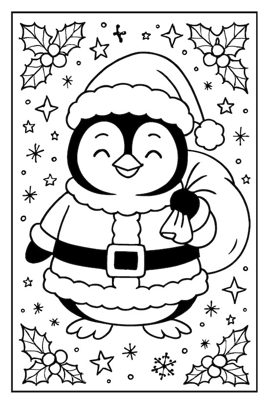 Coloring page of a happy penguin wearing a Santa Claus outfit, holding a sack and surrounded by holly, stars, and snowflakes