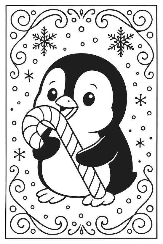 Coloring page of a penguin holding a striped candy cane with snowflakes and swirls in the background