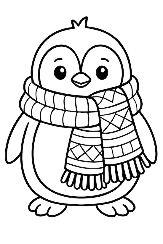 Coloring page of a penguin wearing a large, patterned scarf, with a round body and small feet