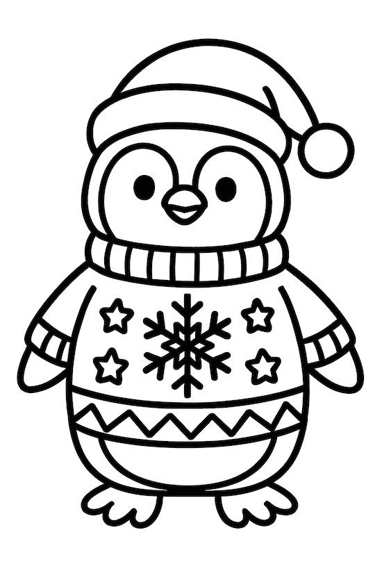 Penguin wearing a Christmas sweater adorned with snowflakes and stars, along with a festive hat