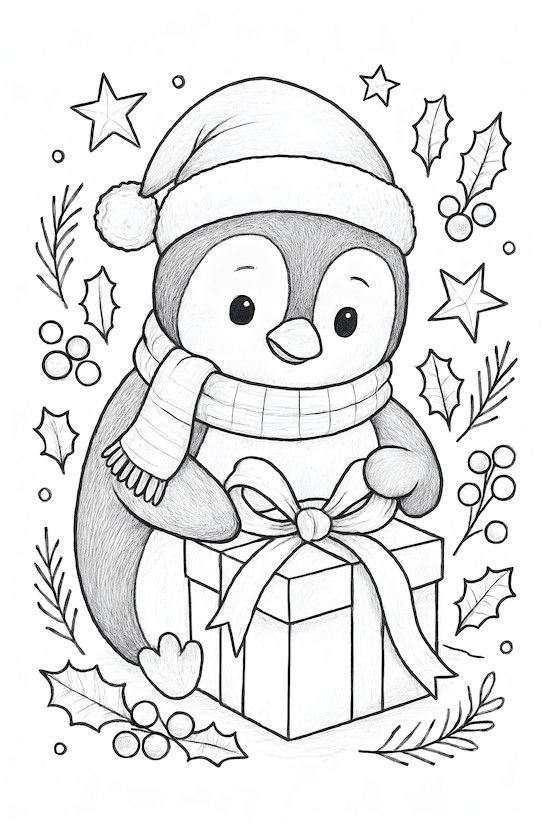 Coloring page featuring a penguin wearing a Santa hat, wrapping a Christmas gift with a big ribbon and adorned with holly and stars