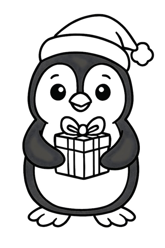 Coloring page of a penguin in a Santa hat holding a small gift with a bow