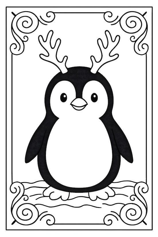 Coloring page of a penguin wearing antlers, set against a decorative border