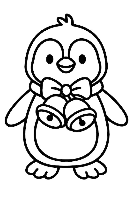 Coloring page of a penguin wearing a bow tie and Christmas bells around its neck