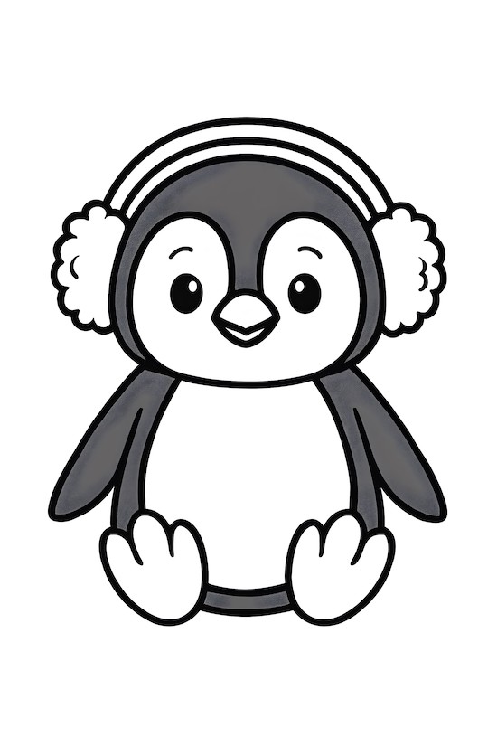 Penguin sitting with earmuffs on its head, featuring a round body and flippered feet