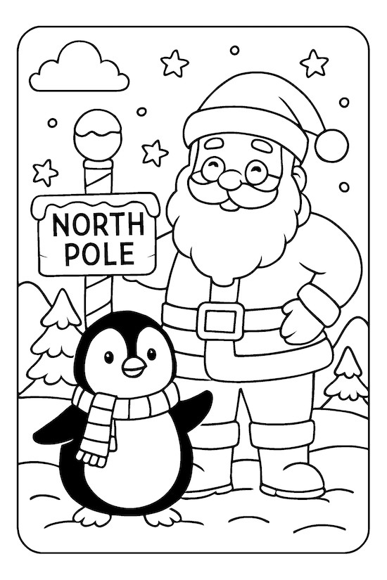 Coloring page of a penguin wearing a scarf standing next to Santa Claus at a North Pole sign with snow and stars