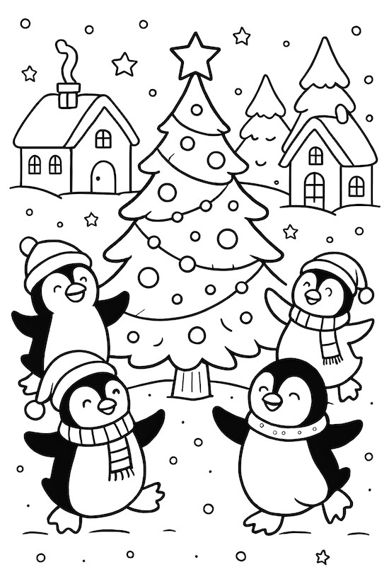 Coloring page of four penguins dancing joyfully around a decorated Christmas tree in a snowy village setting with houses and stars