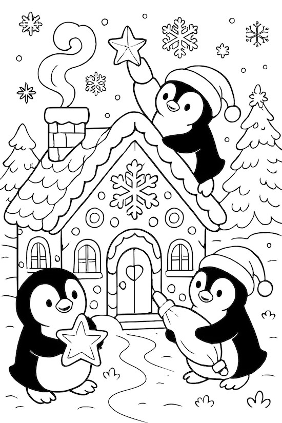 Coloring page of two penguins wearing hats decorating a gingerbread house with snowflakes and a winter landscape