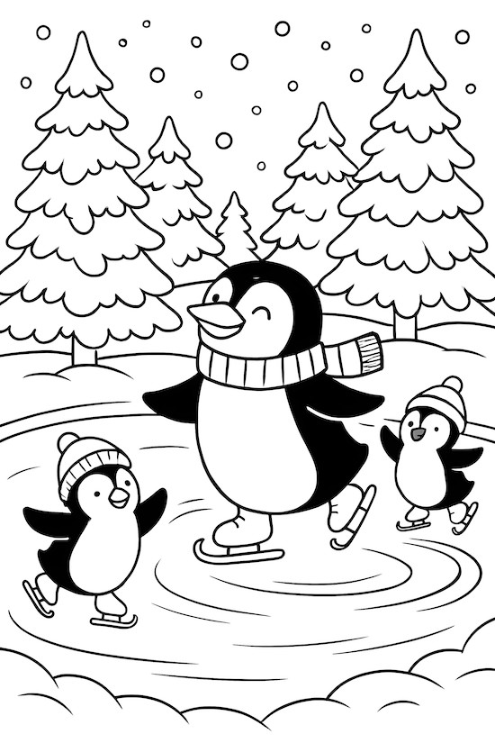 Illustration of penguins ice skating on a frozen pond with snowy trees in the background