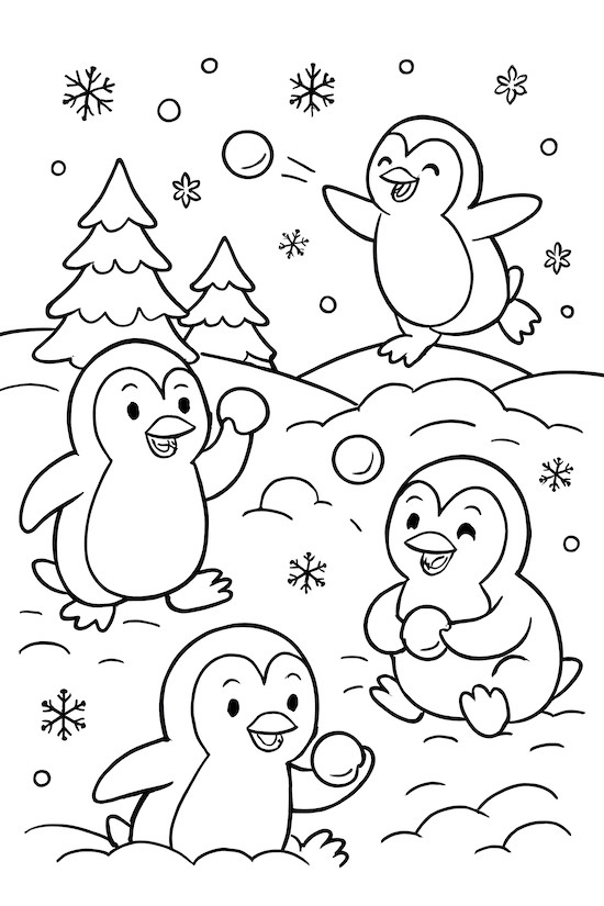 Penguins throwing snowballs in a snowy field with trees and snowflakes
