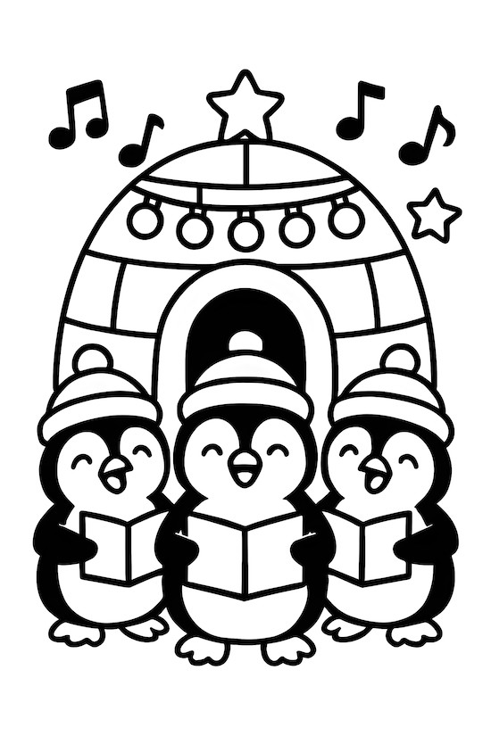 Coloring page of three penguins wearing hats, singing carols in front of a decorated igloo with musical notes