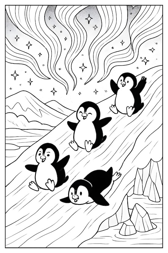 Coloring page of four penguins sliding down an icy hill under swirling Northern lights with stars in the sky