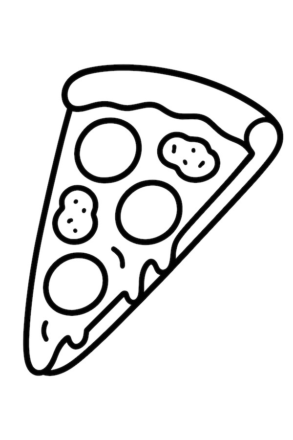 Coloring page featuring a slice of pizza topped with pepperoni and sausage, with melted cheese and a crust