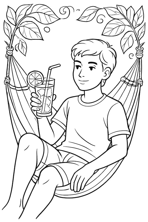Coloring page of a person sitting in a hammock, holding a lemonade glass with a straw and a slice of lemon
