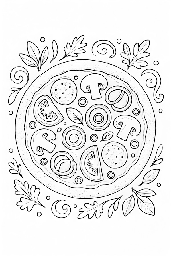 Coloring page of a personal-sized pizza topped with mushrooms, pepperoni, olives, and surrounded by decorative leaves