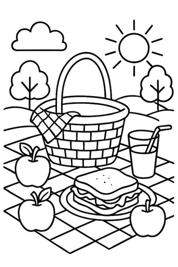 Coloring page of a picnic basket surrounded by apples, a sandwich, and a drink under the sun