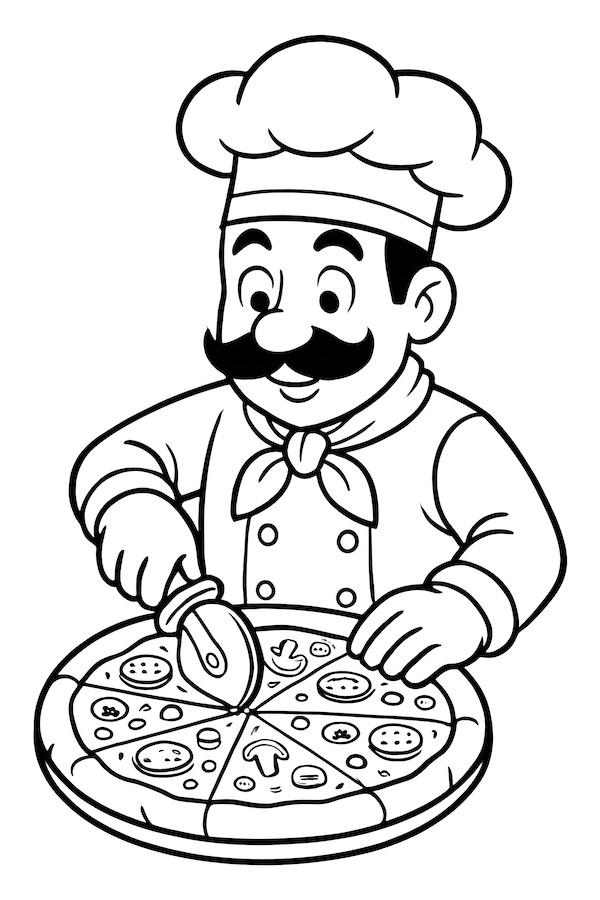 Coloring page of a pizza chef using a pizza cutter to slice a fresh pizza with toppings