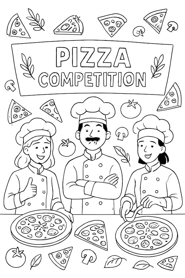 Coloring page featuring three chefs in hats preparing pizzas in a competition setting with tomatoes and mushrooms around them