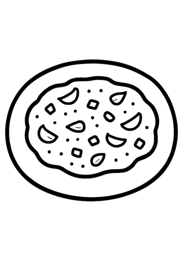 Coloring page of a pizza crust with garlic butter, featuring various toppings and a round shape