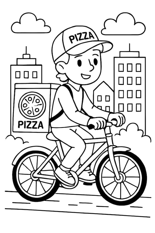 Coloring page of a pizza delivery person biking in a cityscape with tall buildings and clouds