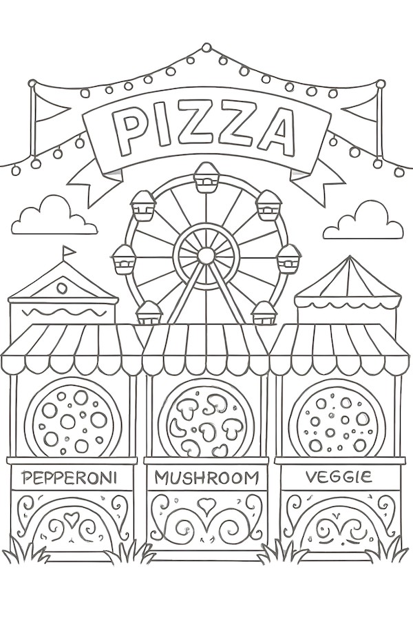 Coloring page of a pizza fairground featuring stalls for pepperoni, mushroom, and veggie flavors with a ferris wheel