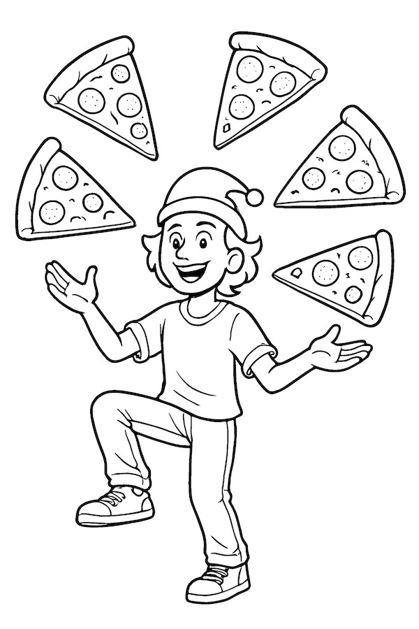 Coloring page of a juggler balancing multiple pizza slices, some with happy and sad faces, wearing a cap and casual clothes