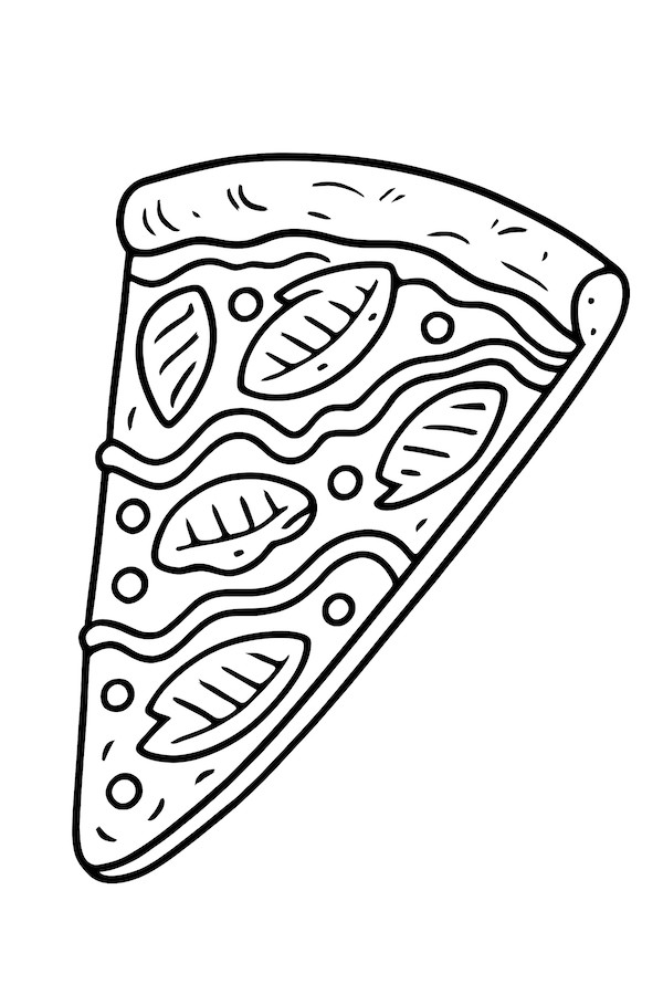 Coloring page of a pizza slice topped with grilled chicken, barbecue sauce, and green leaves