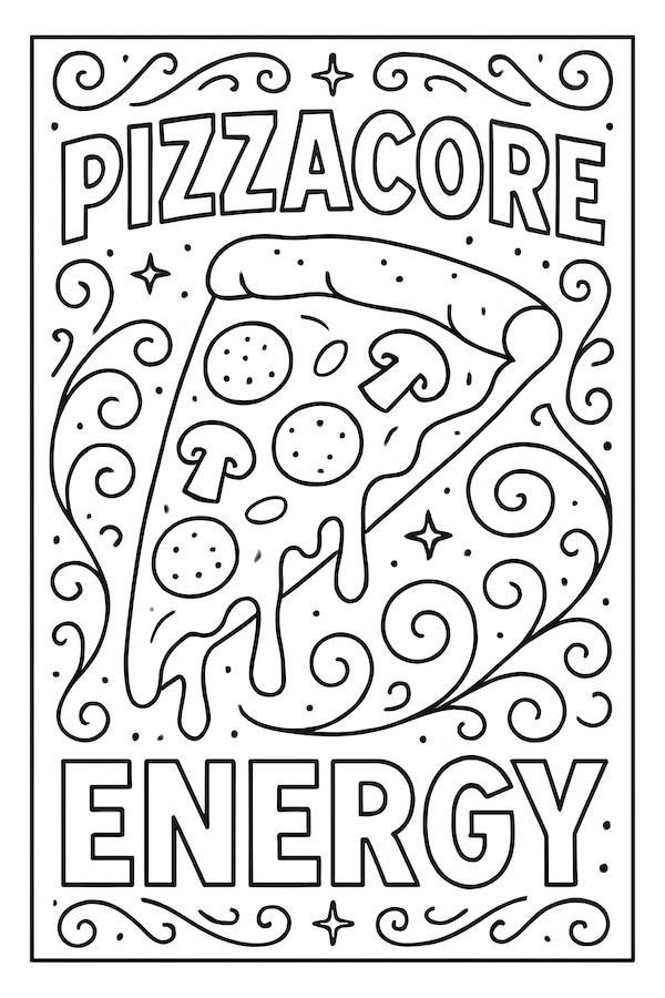 Coloring page featuring a dripping pizza slice with mushrooms, pepperoni, and the phrase 'Pizzacore Energy' in decorative lettering