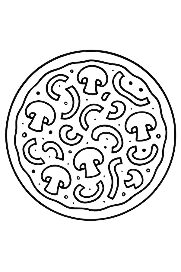 Coloring page of a pizza topped with mushrooms and green peppers on a round crust