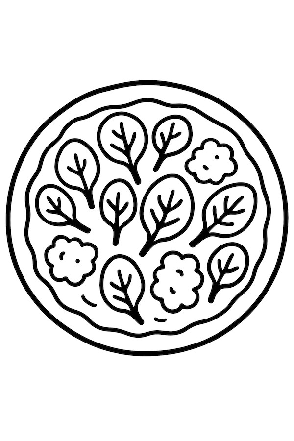 Coloring page of a pizza topped with fresh spinach leaves and ricotta cheese blobs