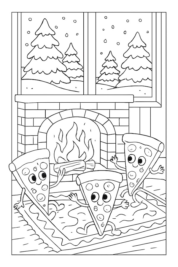 Coloring page of three pizzas warming by a fireplace in a snowy winter scene with trees visible through a window