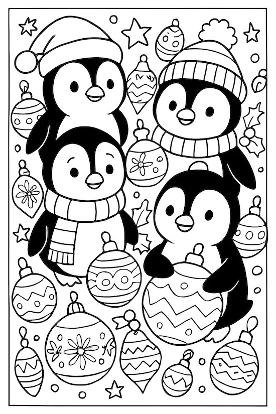 Coloring page of four adorable penguins wearing hats and scarves, surrounded by various Christmas ornaments